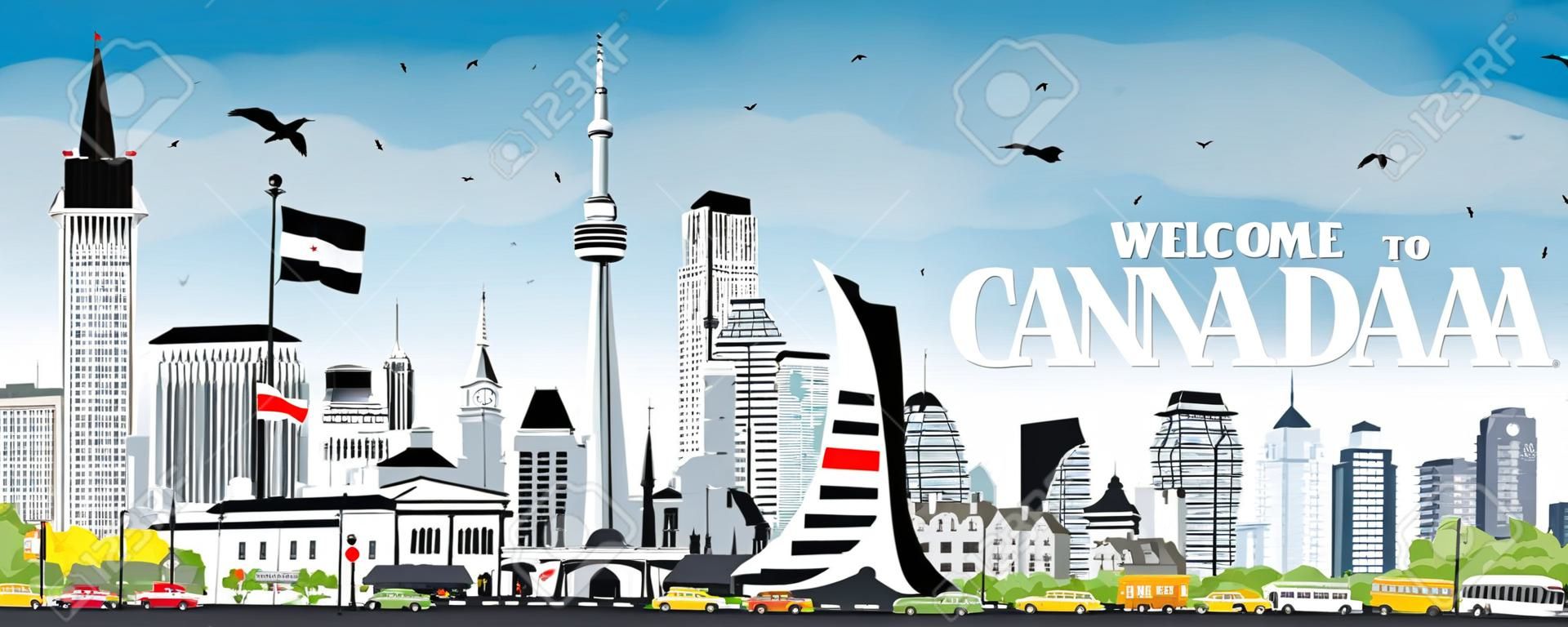 Welcome to Canada City Skyline with Gray Buildings and Blue Sky. Vector Illustration. Concept with Historic Architecture. Canada Cityscape with Landmarks. Ottawa. Toronto. Montreal. Vancouver.