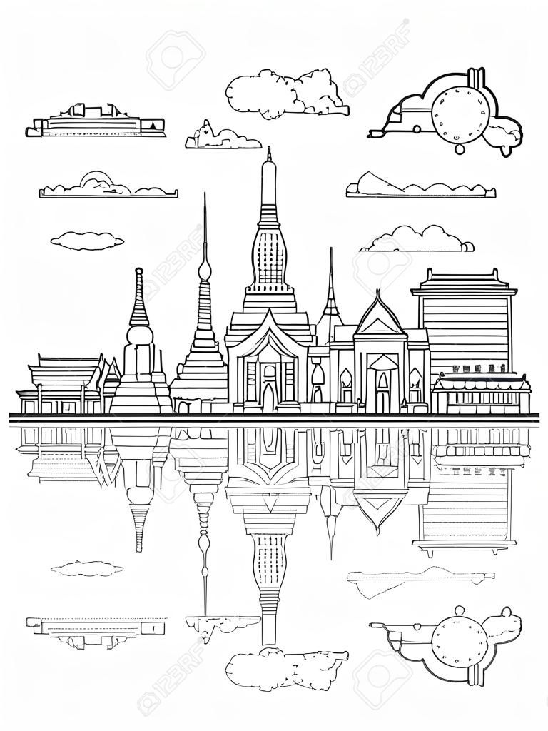Outline Bangkok Thailand City Skyline with Historic Buildings and Reflections Isolated on White. vector illustration. Bangkok Cityscape with Landmarks.