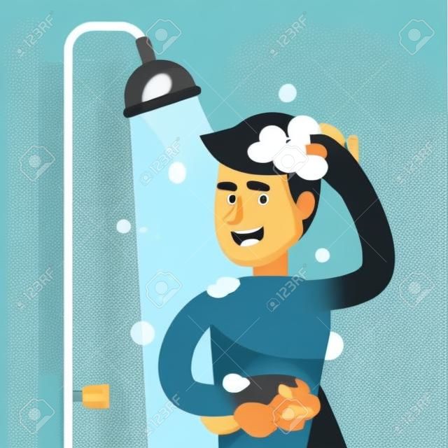 Uomo felice che cattura doccia nel concetto del bagno, illustrazione piana di vettore.