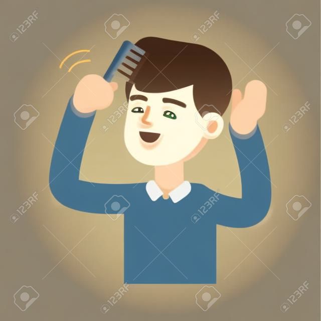 Young handsome man combing hair, cute vector illustration.