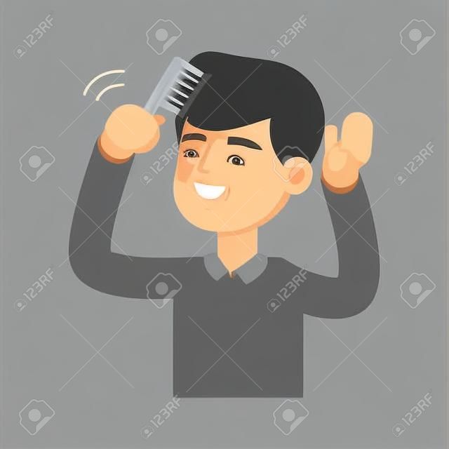 Young handsome man combing hair, cute vector illustration.