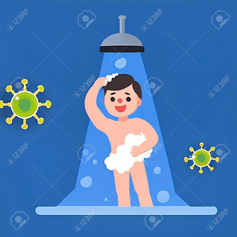 Happy man taking shower in the bathroom, protected from virus, Flat vector illustration.