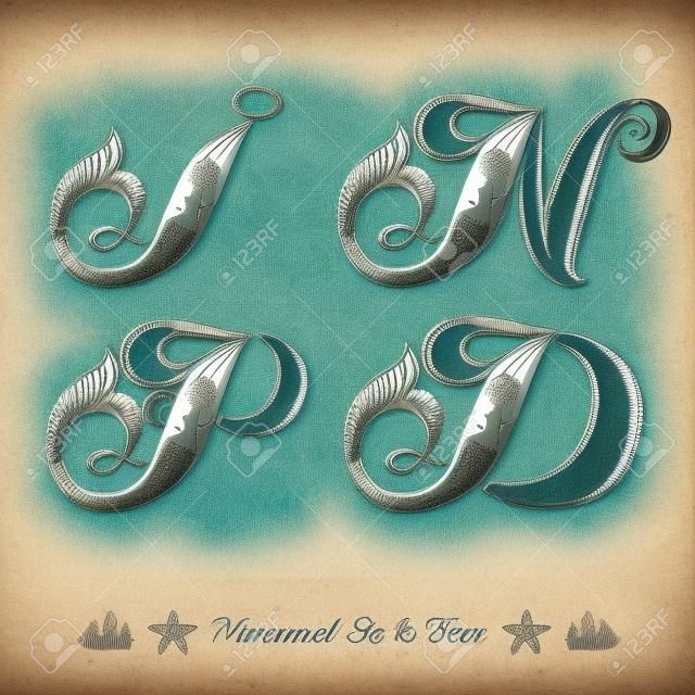 Set of marine capital letter with swiming mermaid - d, i, p, n. Vintage engraving style