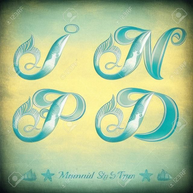 Set of marine capital letter with swiming mermaid - d, i, p, n. Vintage engraving style