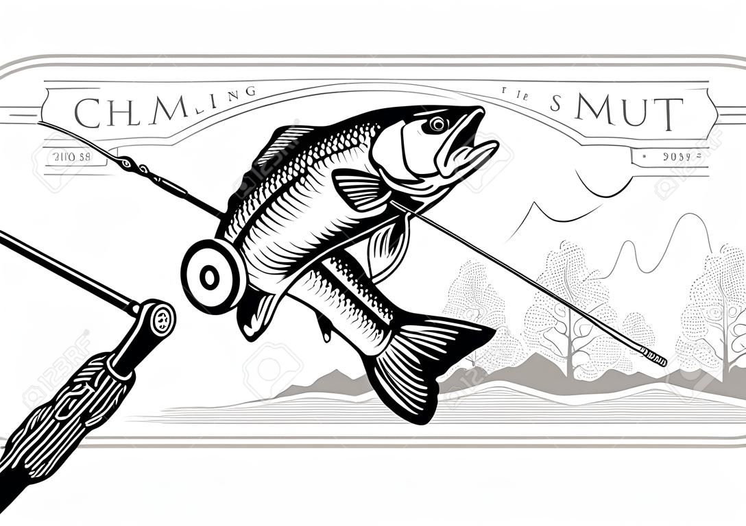 Il pesce salmone si piega in stile incisione con canne da pesca sullo sfondo della natura. Logo per la pesca, il campionato e il club sportivo su bianco
