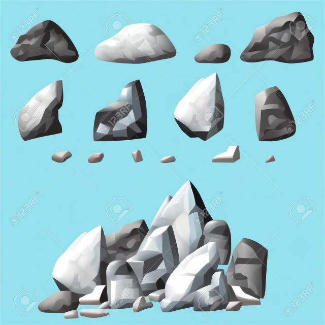 設置石頭，搖滾元素不同的形狀，並設置灰色，卡通風格的巨石色調，扁平化設計，在白色背景等距的寶石，你可以簡單地重新組合的岩石，矢量