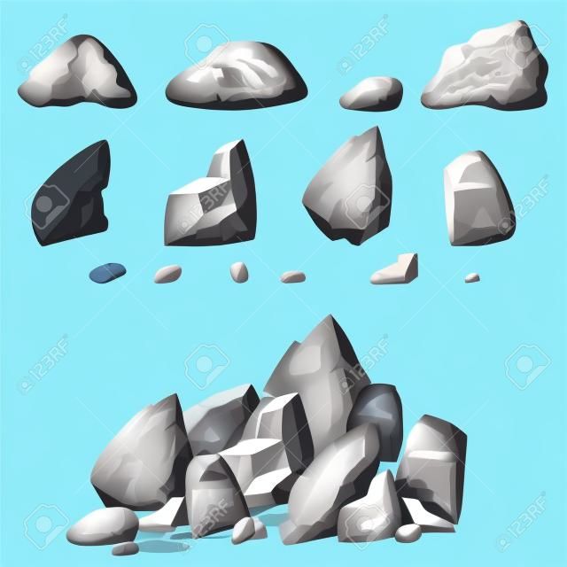 Set di pietre, elementi rock Diverse forme e sfumature di grigio massi, di stile cartone animato, design piatto, pietre isometrica su sfondo bianco, si può semplicemente raggrupparsi rocce, vettore