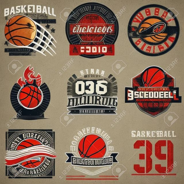 ヴィンテージ t シャツのグラフィック デザイン、創造的な印刷スタンプ、バスケット ボール タイポグラフィ エンブレム、スポーツのロゴ、ベクトルのセット