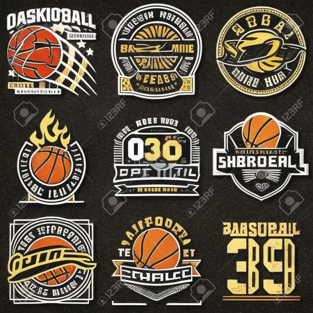 Zestaw projektów graficznych Vintage t-shirt, kreatywny druk znaczków, emblematy typografii koszykówki, logo sportowe, Vector