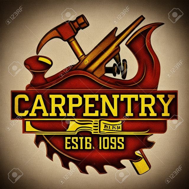 Design de logotipo de carpintaria vintage, carimbo de impressão cinza, emblema de tipografia de carpintaria criativa, vetor