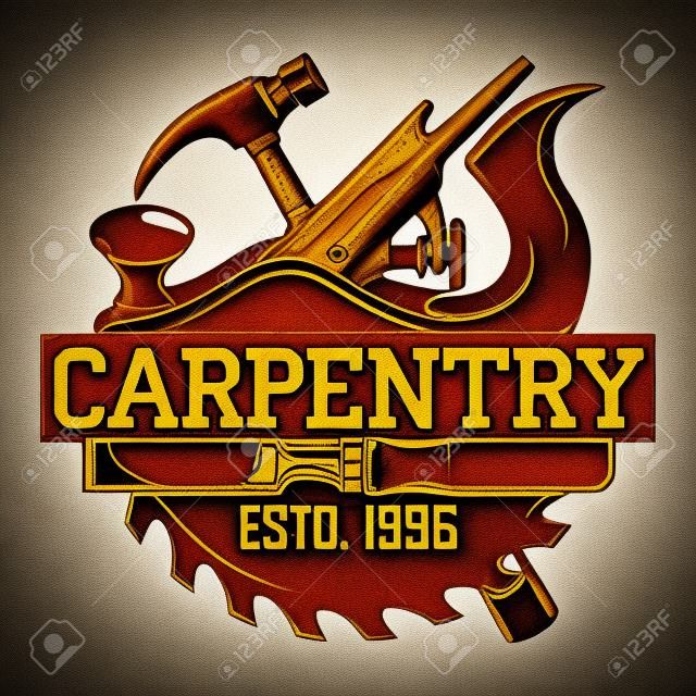Design de logotipo de carpintaria vintage, carimbo de impressão cinza, emblema de tipografia de carpintaria criativa, vetor