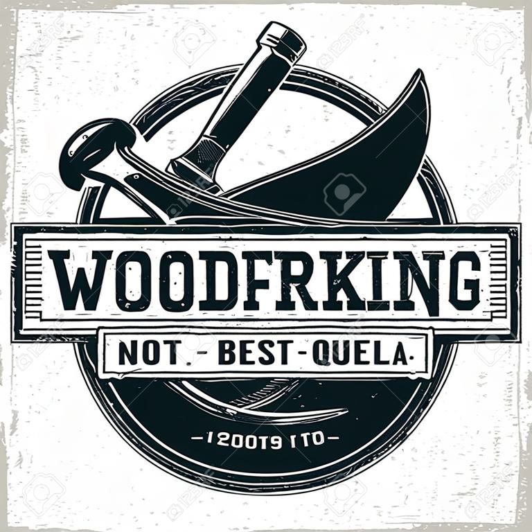 Design de logotipo para madeira vintage, selo de impressão grange, emblema de tipografia criativa de carpintaria, vetor