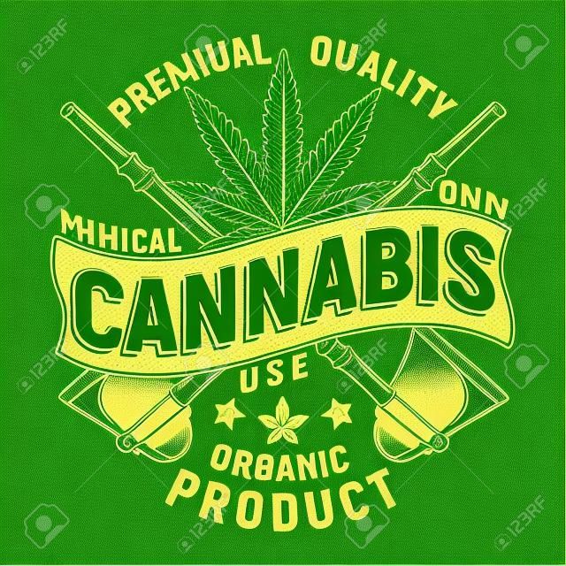 Vintage design medico cannabis logo, francobollo stampato grange, emblema creativa di tipografia marijuana, vettore