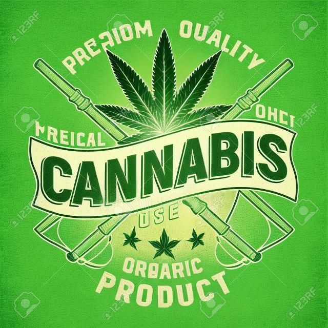Vintage design medico cannabis logo, francobollo stampato grange, emblema creativa di tipografia marijuana, vettore