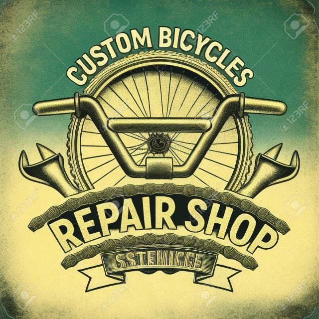 Sztuka rowerów naprawy sklep projektowanie logo, stempel druk grange, twórczy emblemat typografii, wektor.