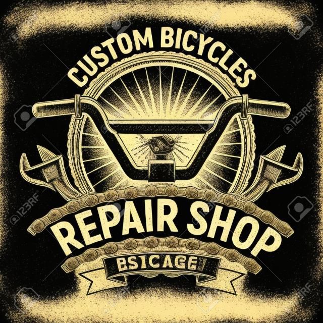 Design de logo de réparation de vélos vintage, timbre imprimé grange, emblème typographique créatif, vecteur.