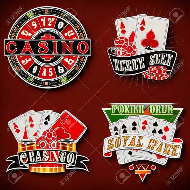 Conjunto de designs de logotipo de cassino vintage, selos de impressão laranja, emblemas de tipografia de poker criativo, vetor