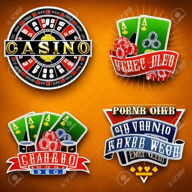 Set di disegni di logo del casinò vintage, francobolli di stampe, emblemi di tipografia di poker creativo, vettore