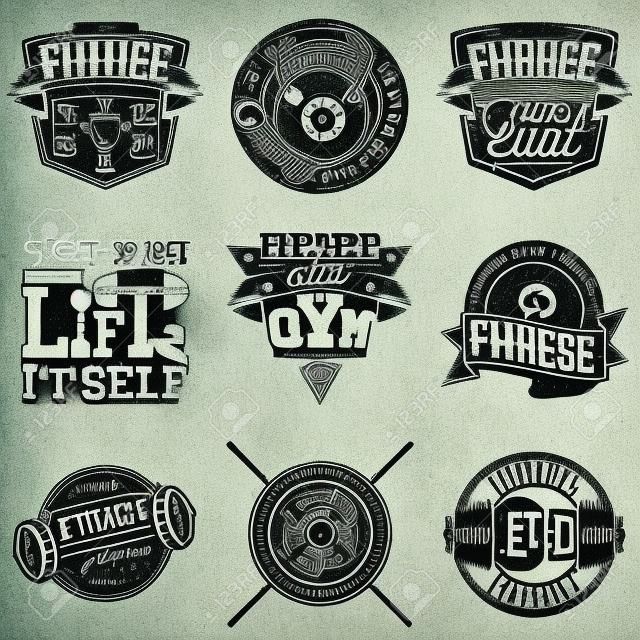 Set di disegni grafici di t-shirt vintage, francobolli di grange, emblemi di tipografia di fitness, logo di palestra sportive Design creativo, vettore