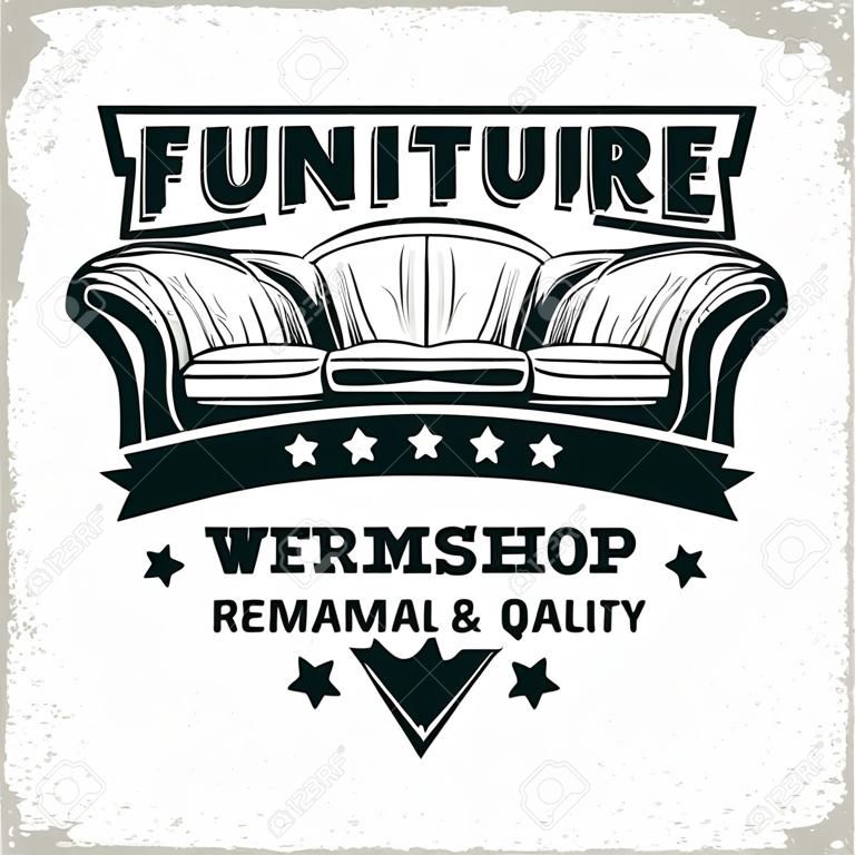 Vintage meubelwerkplaats logo ontwerpen, werkplaats grange print stempels, meubels reparatie winkel creatieve typografie emblemen, Vector