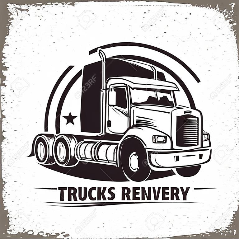 Design de logotipo da empresa de caminhões, emblema da organização de aluguel de caminhões, selos de impressão da empresa de entrega, emblema de tipografia de caminhão pesado, vetor