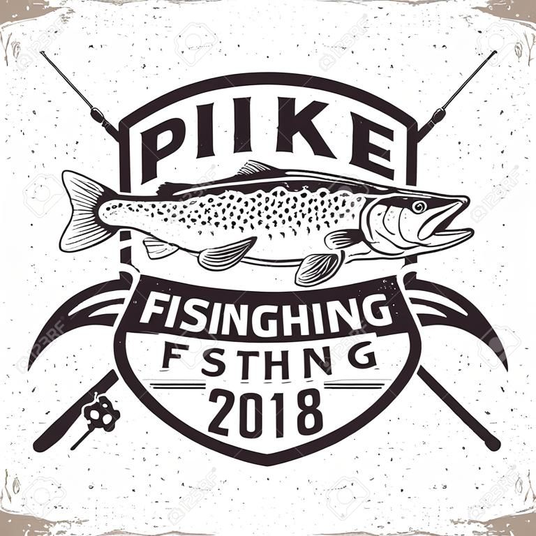 Винтажный дизайн логотипа рыболовного клуба, эмблема ловцов щуки, марки с принтом грандж, эмблема типографии рыбака, вектор