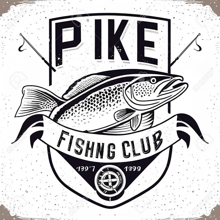 Винтажный дизайн логотипа рыболовного клуба, эмблема ловцов щуки, марки с принтом грандж, эмблема типографии рыбака, вектор