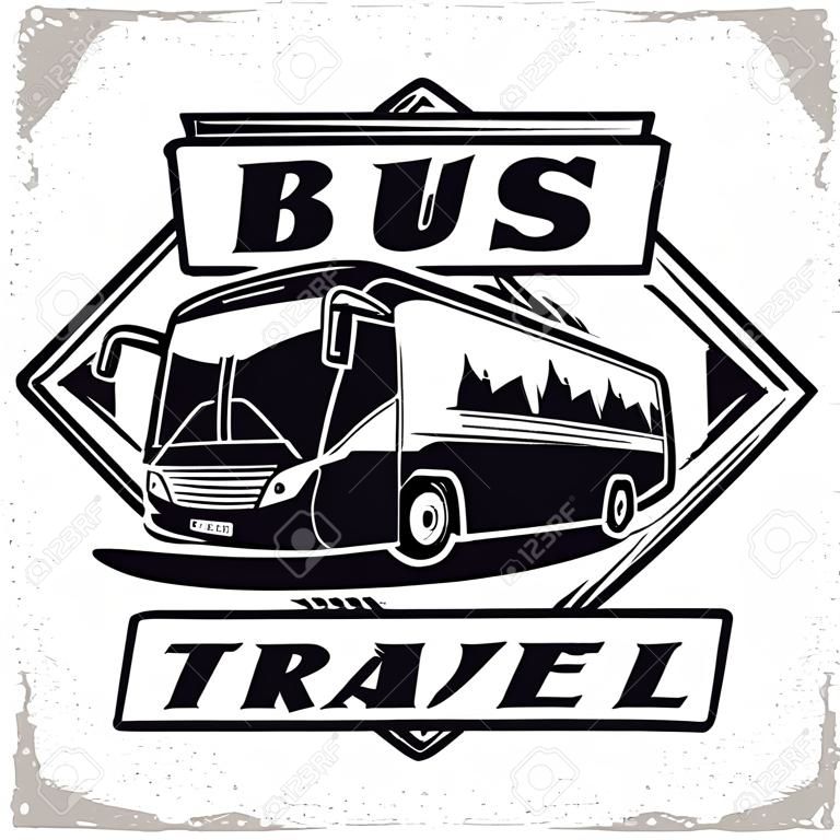 巴士旅行公司徽标设计，游览或旅游巴士租赁组织的象征，旅行社印刷邮票，公共汽车排版标志，矢量