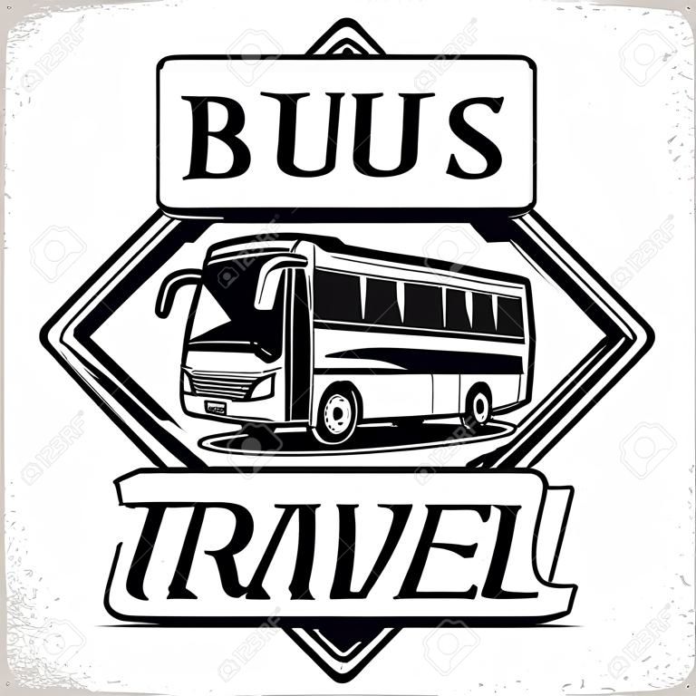 Design del logo della società di viaggi in autobus, emblema dell'organizzazione di escursioni o noleggio di autobus turistici, francobolli di stampa di agenzie di viaggio, emblema di tipografia di autobus, vettore