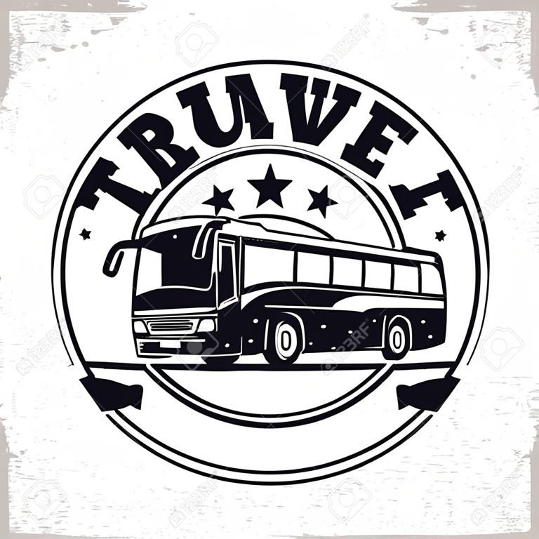 Diseño del logotipo de la empresa de viajes en autobús, emblema de la organización de alquiler de autobuses turísticos o excursiones, sellos de impresión de agencias de viajes, emblema de tipografía de autobuses, Vector