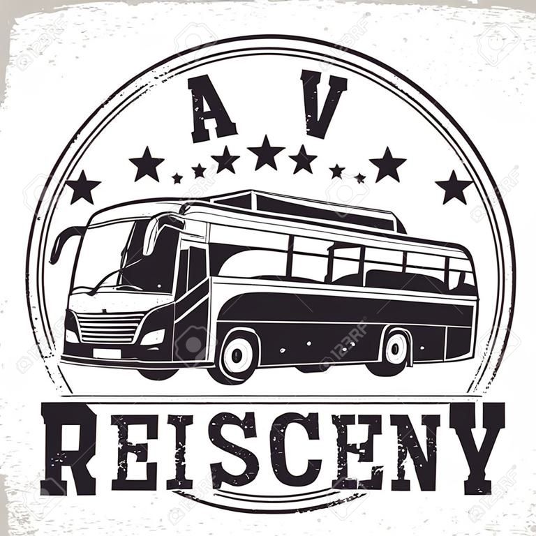Diseño del logotipo de la empresa de viajes en autobús, emblema de la organización de alquiler de autobuses turísticos o excursiones, sellos de impresión de agencias de viajes, emblema de tipografía de autobuses, Vector
