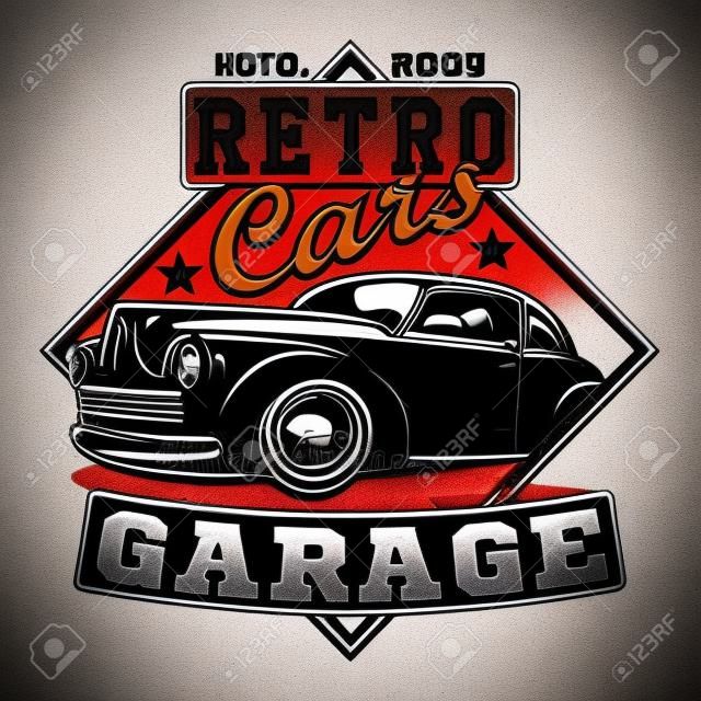 Hot Rod garage logo design, emblem of muscle car repair and service organisation, retro car garage print stamps, hot rod typography emblem, Vector