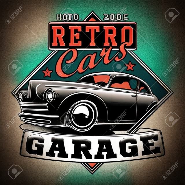 Hot Rod Garage Logo-Design, Emblem der Muscle-Car-Reparatur- und Service-Organisation, Retro-Car-Garage-Druckstempel, Hot Rod Typografie-Emblem, Vektor