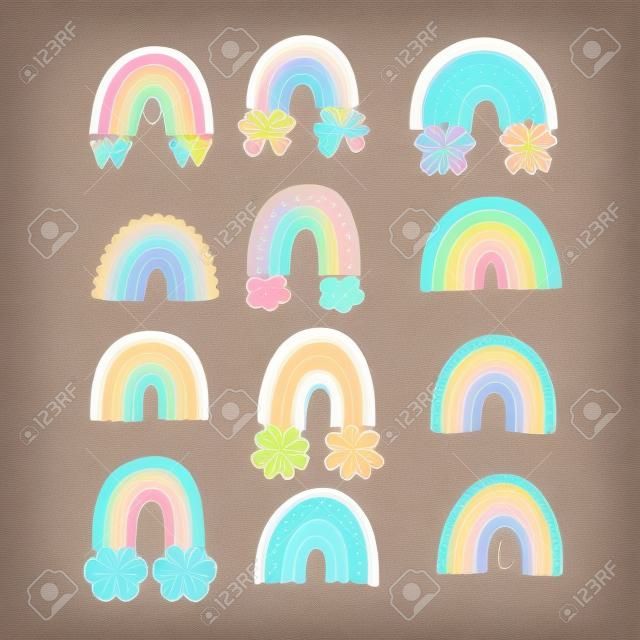 Conjunto de arco-íris marrom pastel com ornamento em gráficos vetoriais em um fundo branco. Para o design de cartões postais, cartazes, impressões para roupas infantis, papel de embrulho, capas de caderno