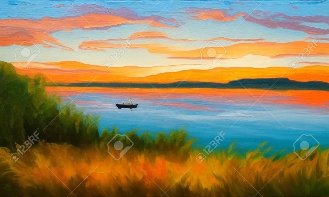 Originele olieverfschilderij tonen prachtige meer met boot, zonsondergang landschap.Fern(rush),sky en wolken. Modern impressionisme