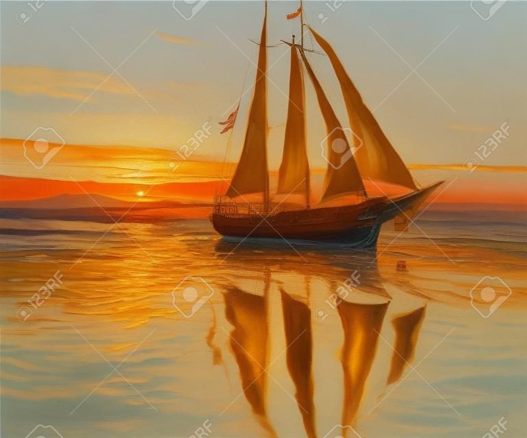 Originele olieverfschilderij van zeilschip en zee op doek.Rich Golden Sunset over oceaan.Moderne impressionisme