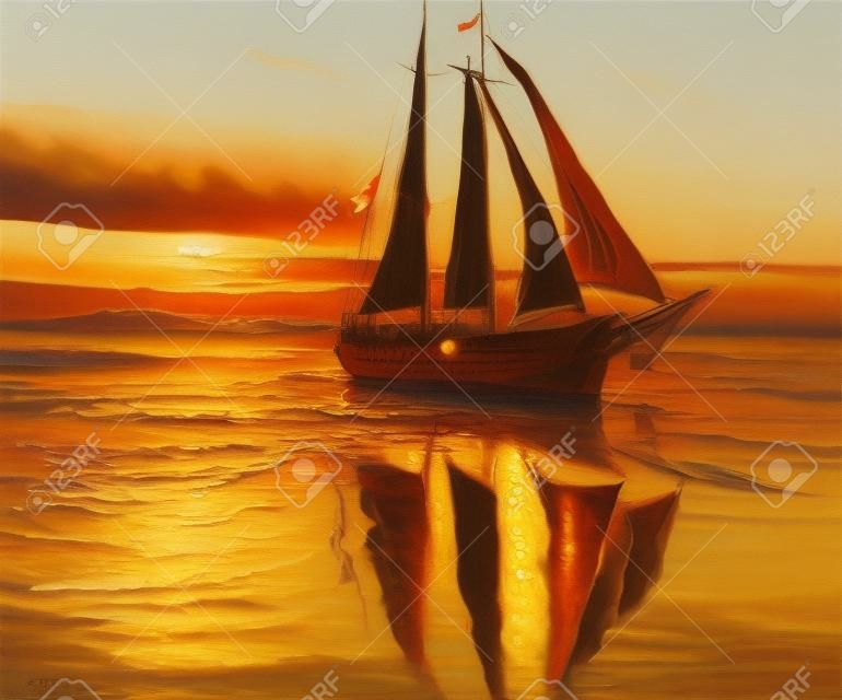 Original oil painting of sailing ship and sea on canvas.Rich Golden Sunset over ocean.Modern Impressionism