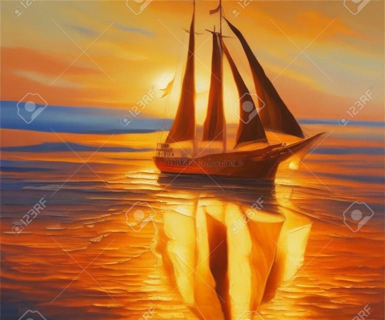 Originele olieverfschilderij van zeilschip en zee op doek.Rich Golden Sunset over oceaan.Moderne impressionisme