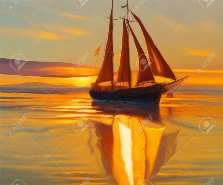 Pittura ad olio originale di nave a vela e mare sulla canvas.Rich Golden Sunset over ocean.Modern Impressionismo