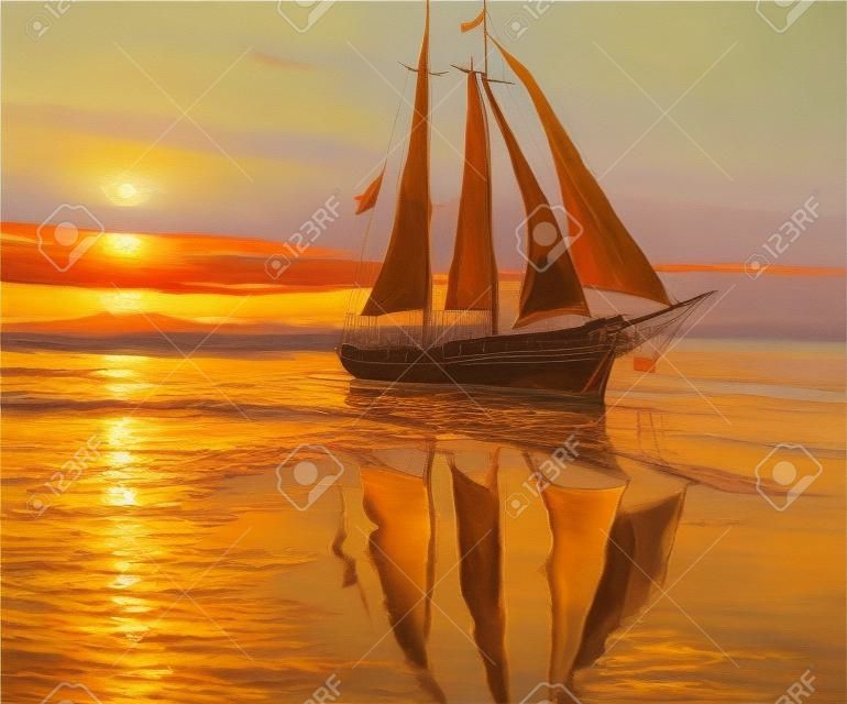 帆船とキャンバス上の海のオリジナルのオイルペインティング。豊富な黄金の夕日海。現代印象派