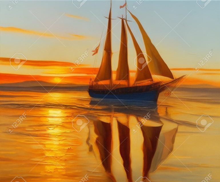 Pittura ad olio originale di nave a vela e mare sulla canvas.Rich Golden Sunset over ocean.Modern Impressionismo