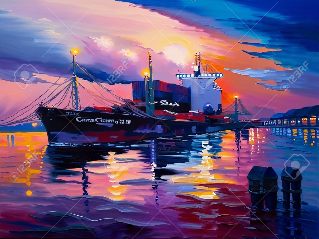 Pintura a óleo original do navio de carga e do mar sobre tela.Impressionismo moderno
