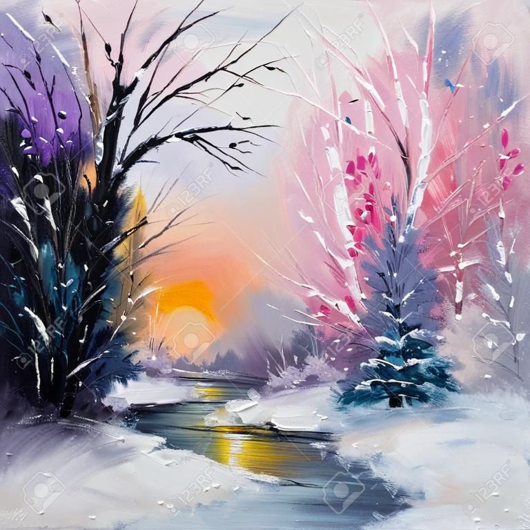 Oryginalny abstrakcyjny obraz olejny piękny zimowy krajobraz na canvas.Winter scene.Modern impresjonizm, modernizm, marinizm