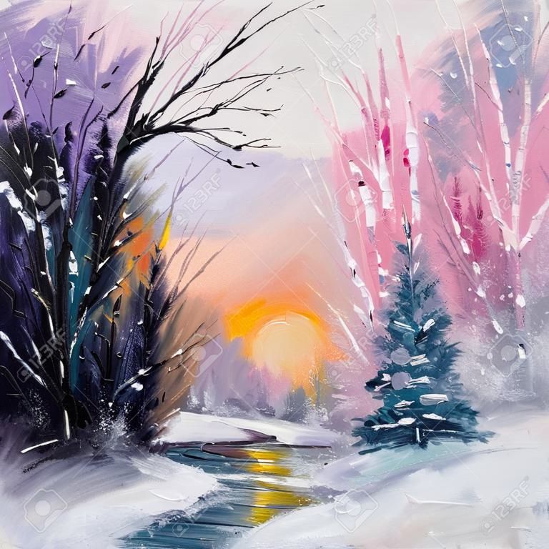 Pittura a olio astratta originale di paesaggio invernale su canvas.Winter scene.Modern Impressionismo, il modernismo, marinismo