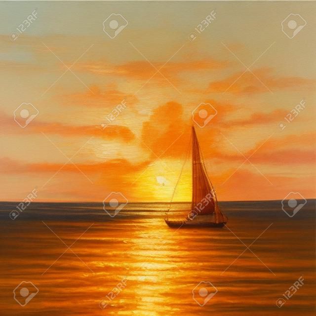 Oryginalny obraz olejny z żaglowca lub łodzi i morza na canvas.Rich Golden Sunset over ocean.Modern impresjonizmu, modernizm, marinizm