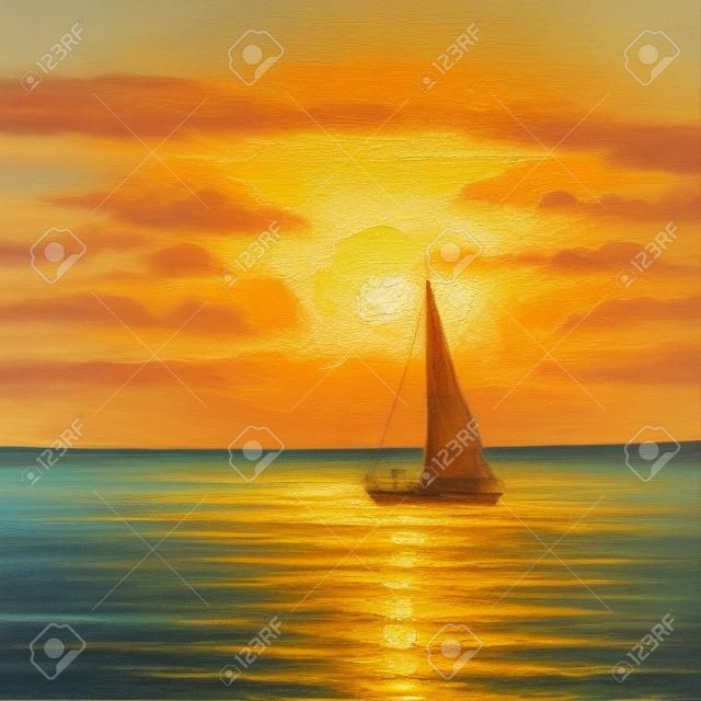 Oryginalny obraz olejny z żaglowca lub łodzi i morza na canvas.Rich Golden Sunset over ocean.Modern impresjonizmu, modernizm, marinizm