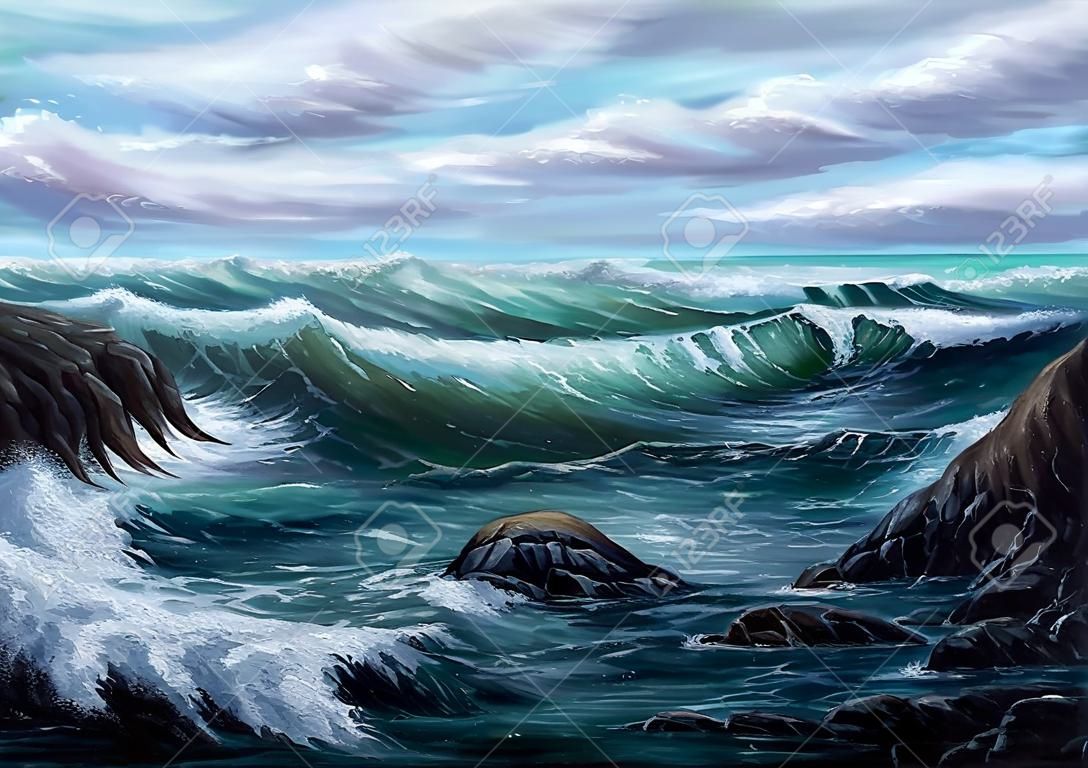 Pittura a olio originale che mostra oceano o sul mare su tela. Impressionismo moderno, il modernismo, marinismo