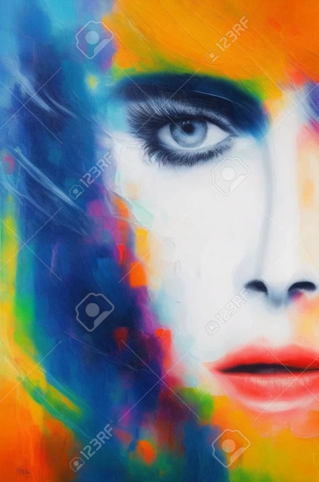Pittura astratta di un volto di donna su tela.Impressionismo moderno, modernismo, marinismo