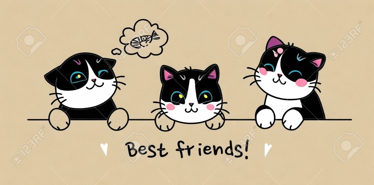 Trzy urocze koty z różnymi emocjami i napisami najlepszych przyjaciół