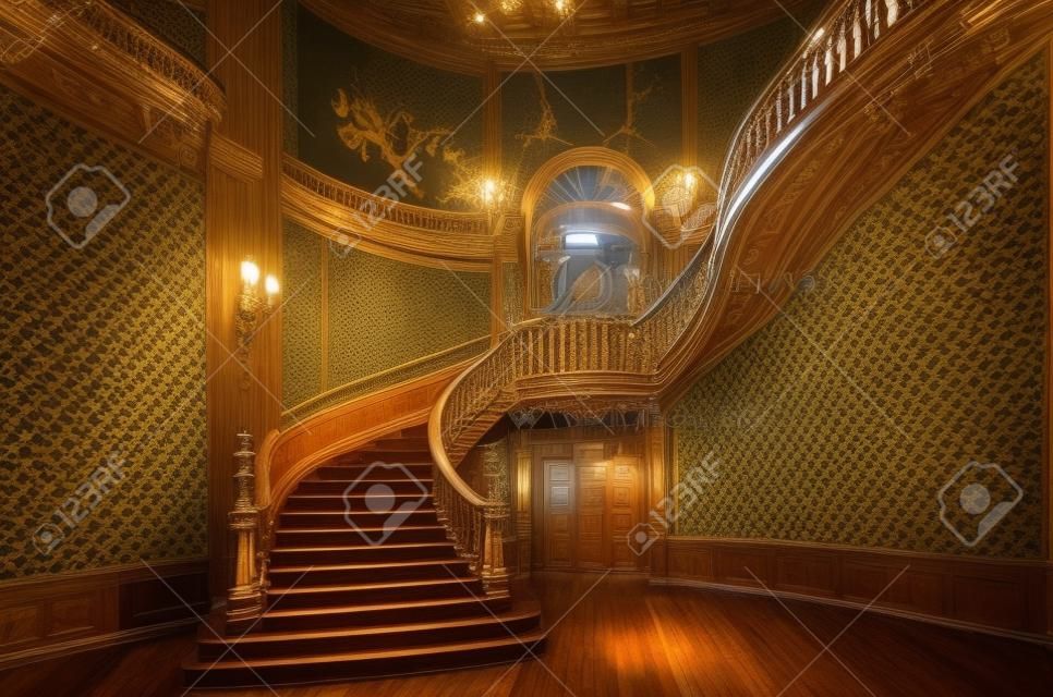 House of Scientists. Interior of the magnificent mansion with ornate grand wooden staircase in the great hall. A former national casino.